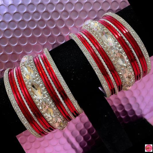 Silver Zirconia Metal Bangles Set- Red