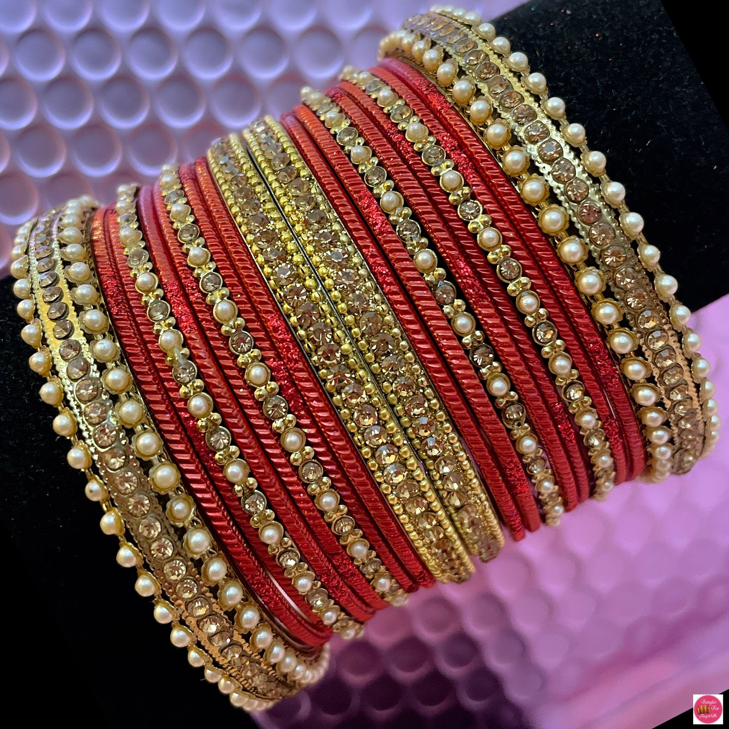 Gold Pearl Metal Bangles Set Various Colours- Size 2.10