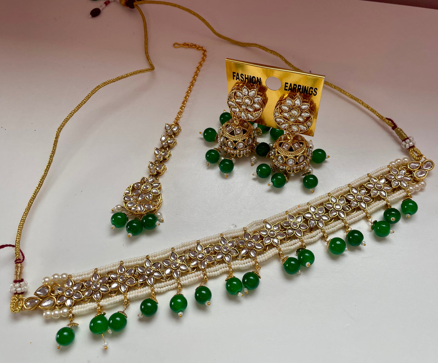 Kundan Pearl Choker, Earings & Maang Tikka Set- Green