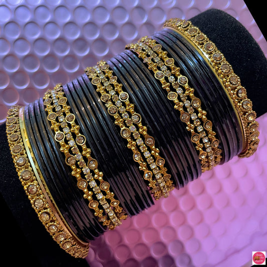 Gold Zirconia Metal Bangles Set- Black