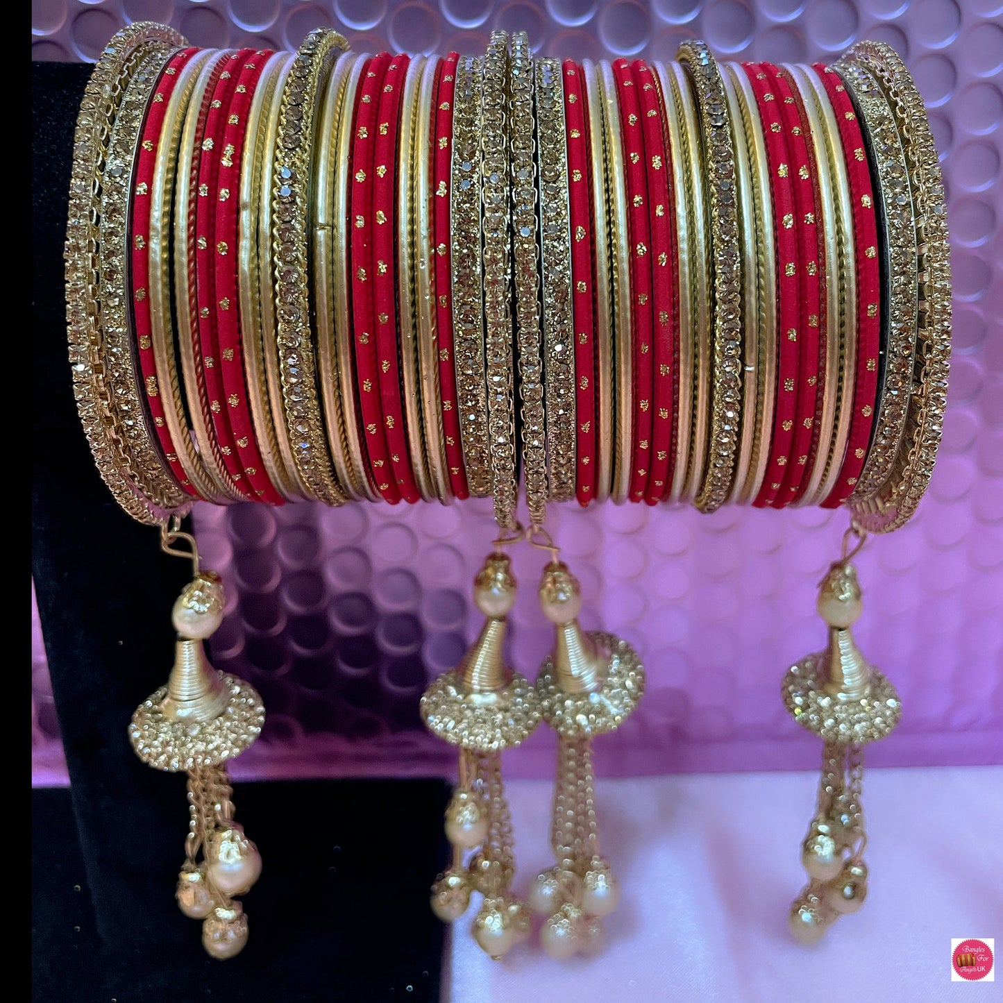 Gold Zirconia Hanging Pearl Metal Bangles Sets Various Colours- Size 2.10