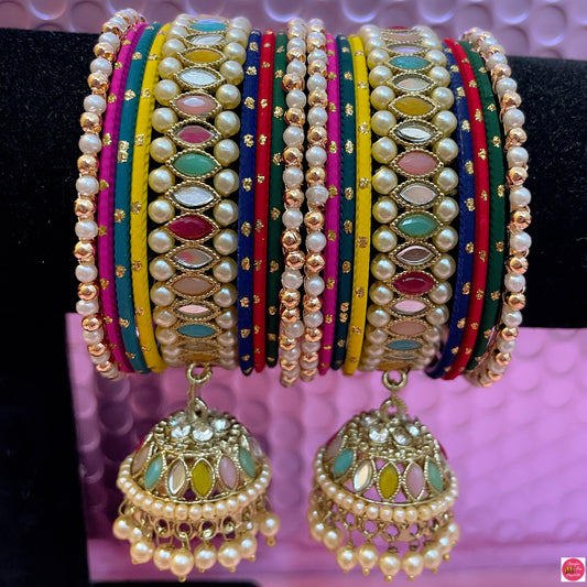Multicoloured Kundan Pearl Hanging Metal Bangles Set