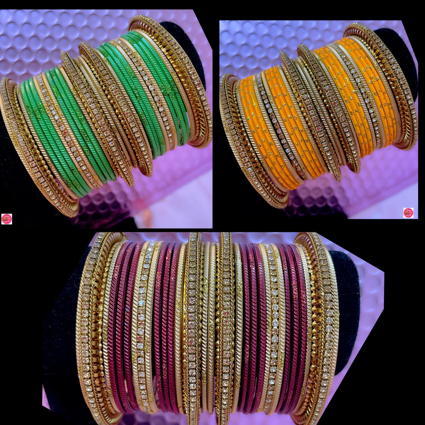 Gold Zirconia Metal Bangles Sets Various Colours- Size 2.10