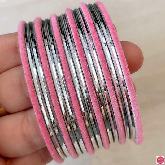 Silver & Blush Pink Velvet Metal Bangles Set