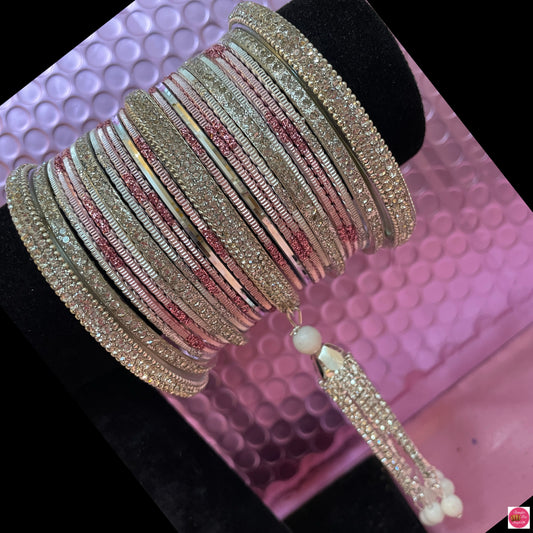 Silver Zirconia Hanging Metal Bangles Set- Light Pink