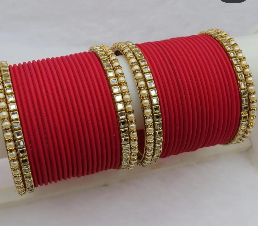 Kundan Pearl Metal Bangles Set- Various Colours