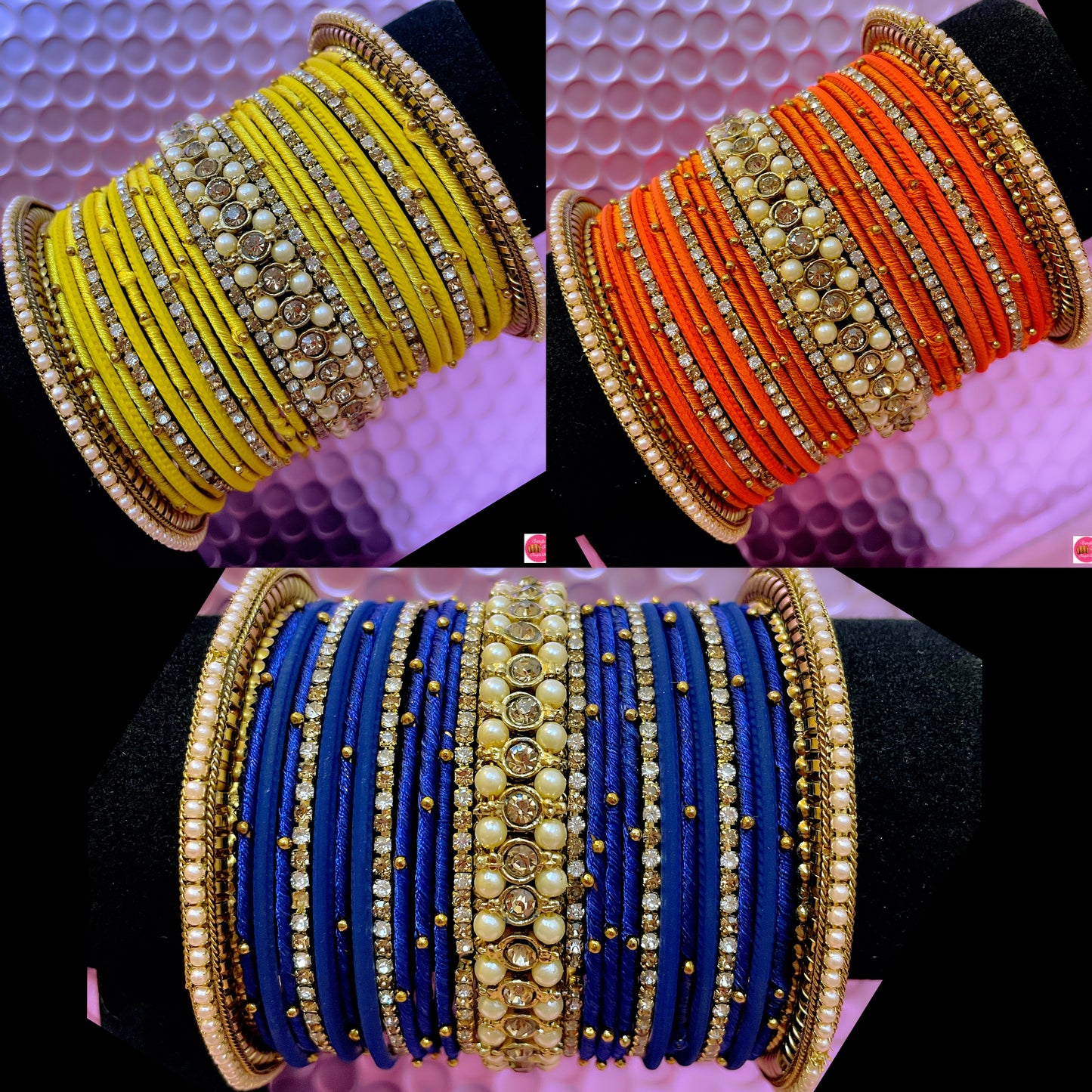 Pearl Zirconia Thread Metal Bangles Set- Various Colours