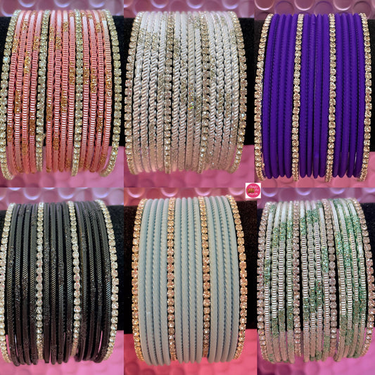 Silver Zirconia Metal Bangles Sets- Various Colours