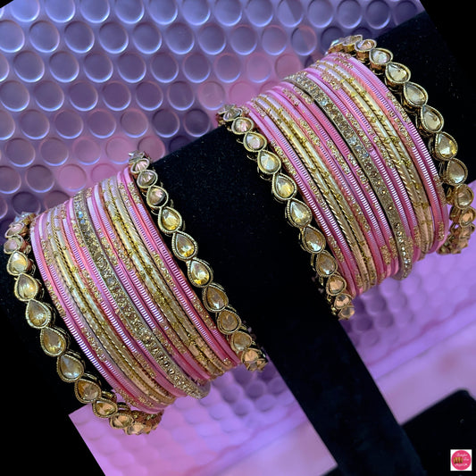 Kundan Metal Bangles Set- Blush Pink