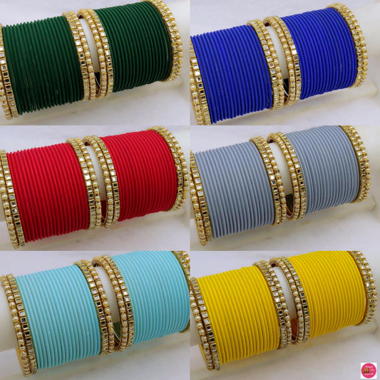 Kundan Pearl Metal Bangles Set- Various Colours