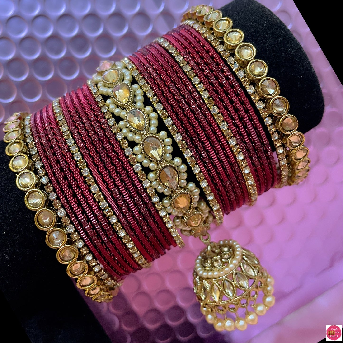 Kundan/Polki Zirconia Hanging Metal Bangles Set- Maroon