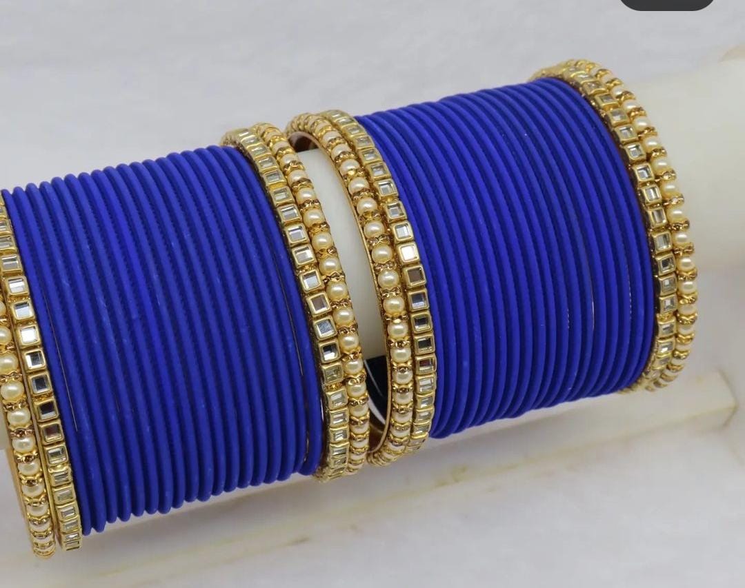 Kundan Pearl Metal Bangles Set- Various Colours