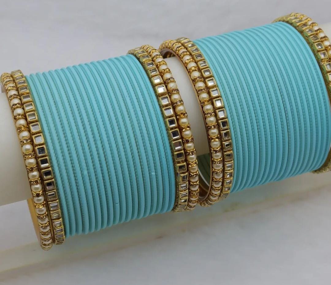 Kundan Pearl Metal Bangles Set- Various Colours