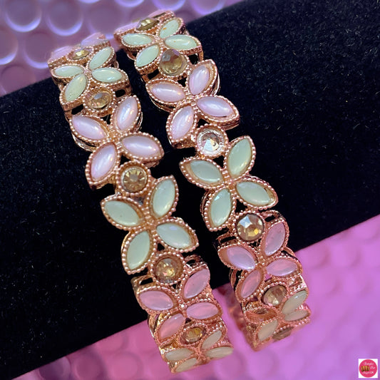 Kundan Flower Metal Karas- Light Pink/Mint Green