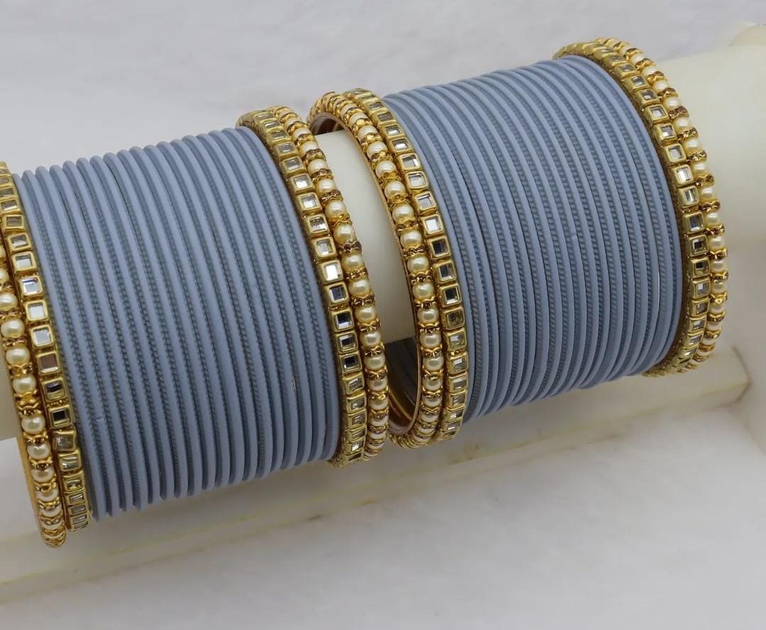 Kundan Pearl Metal Bangles Set- Various Colours