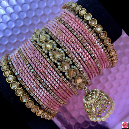 Kundan/Polki Zirconia Hanging Metal Bangles Set- Peachy Pink