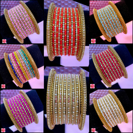 Gold Zirconia Metal Bangles Sets Various Colours- Size 2.10