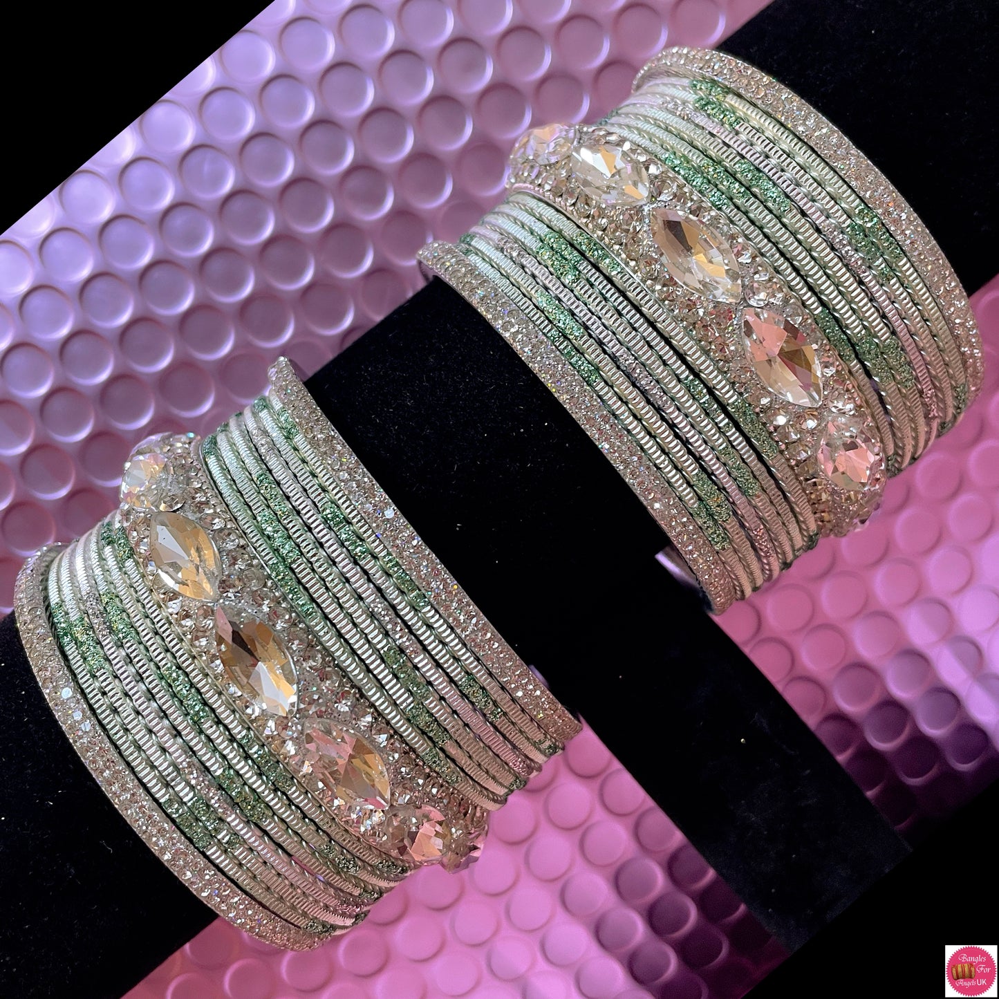 Silver & Mint Green Zirconia Metal Bangles Set