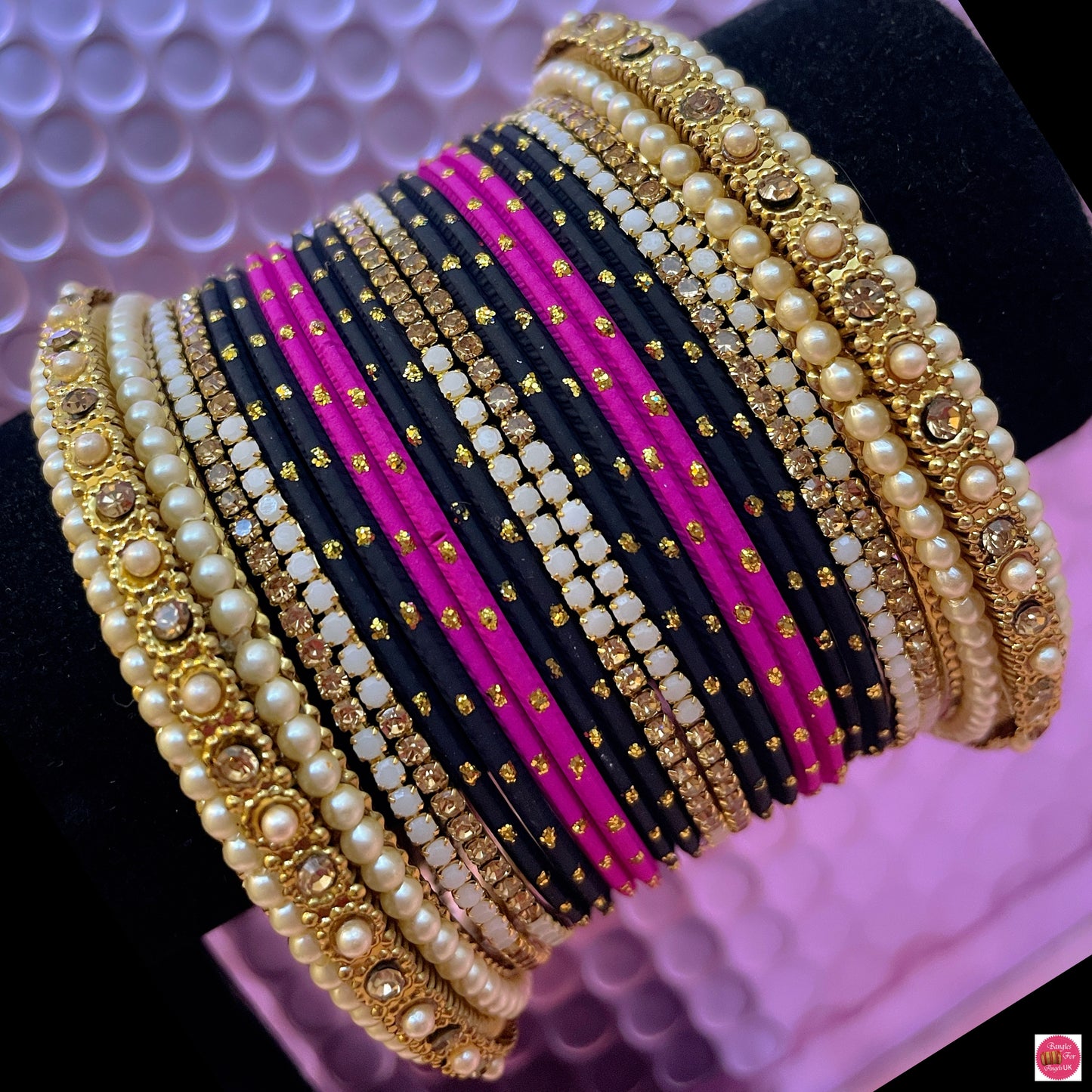 Pearl Zirconia Metal Bangles Set- Hot Pink/Black