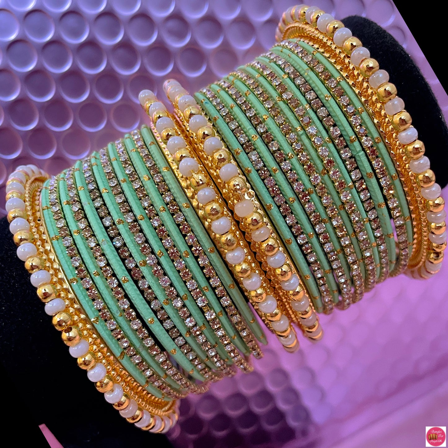 Pearl & Gold Zirconia Metal Bangles Sets- Various Colours