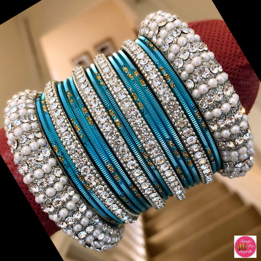 Silver Stone Metal Bangle Set - Sky Blue