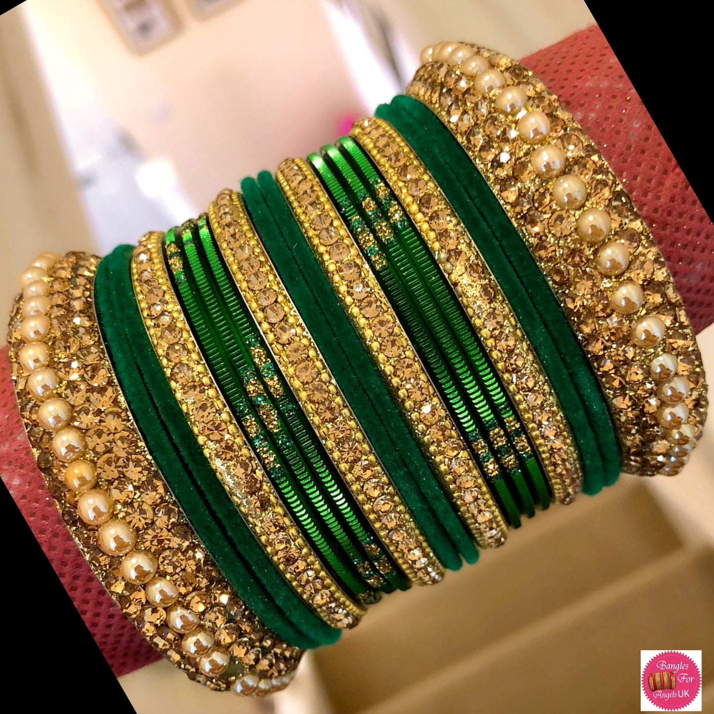 Gold Metal Bangle Set - Green