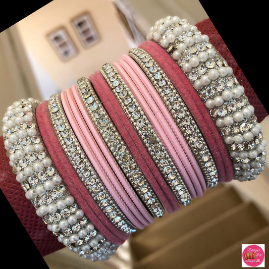 Silver Metal Bangle Set - Pink