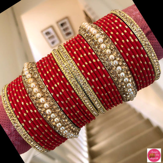 Gold Metal Bangle Set - Red