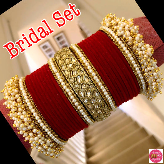 Kundan Pearl Velvet Metal bangle Set - Red