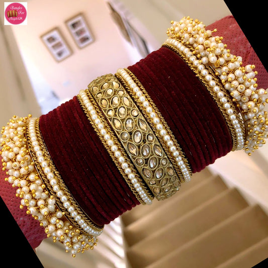 Kundan Pearl Velvet Bangle Set - Maroon