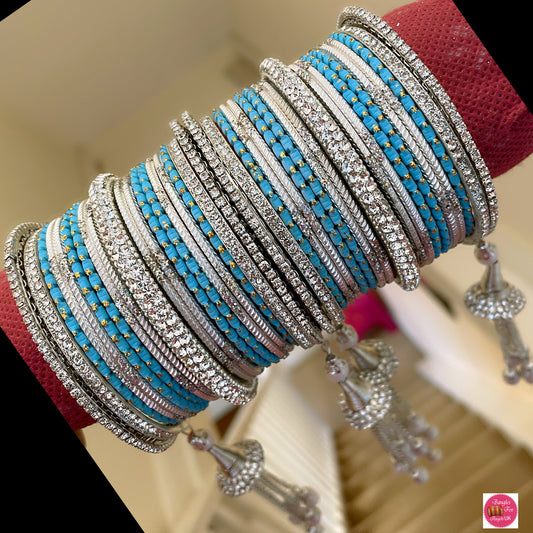 Silver Stone Hanging Bangle Set - Sky Blue