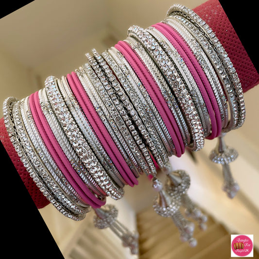 Silver Stone Hanging Bangle Set - Pink