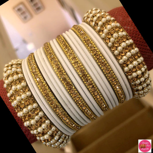 Gold Metal Bangle Set - White