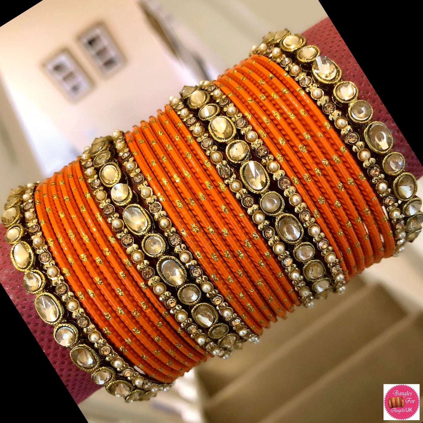 Kundan Metal Bangle Set - Orange