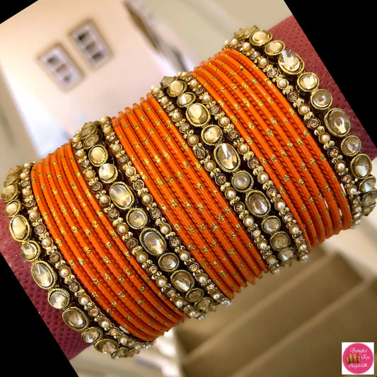 Kundan Metal Bangle Set - Orange