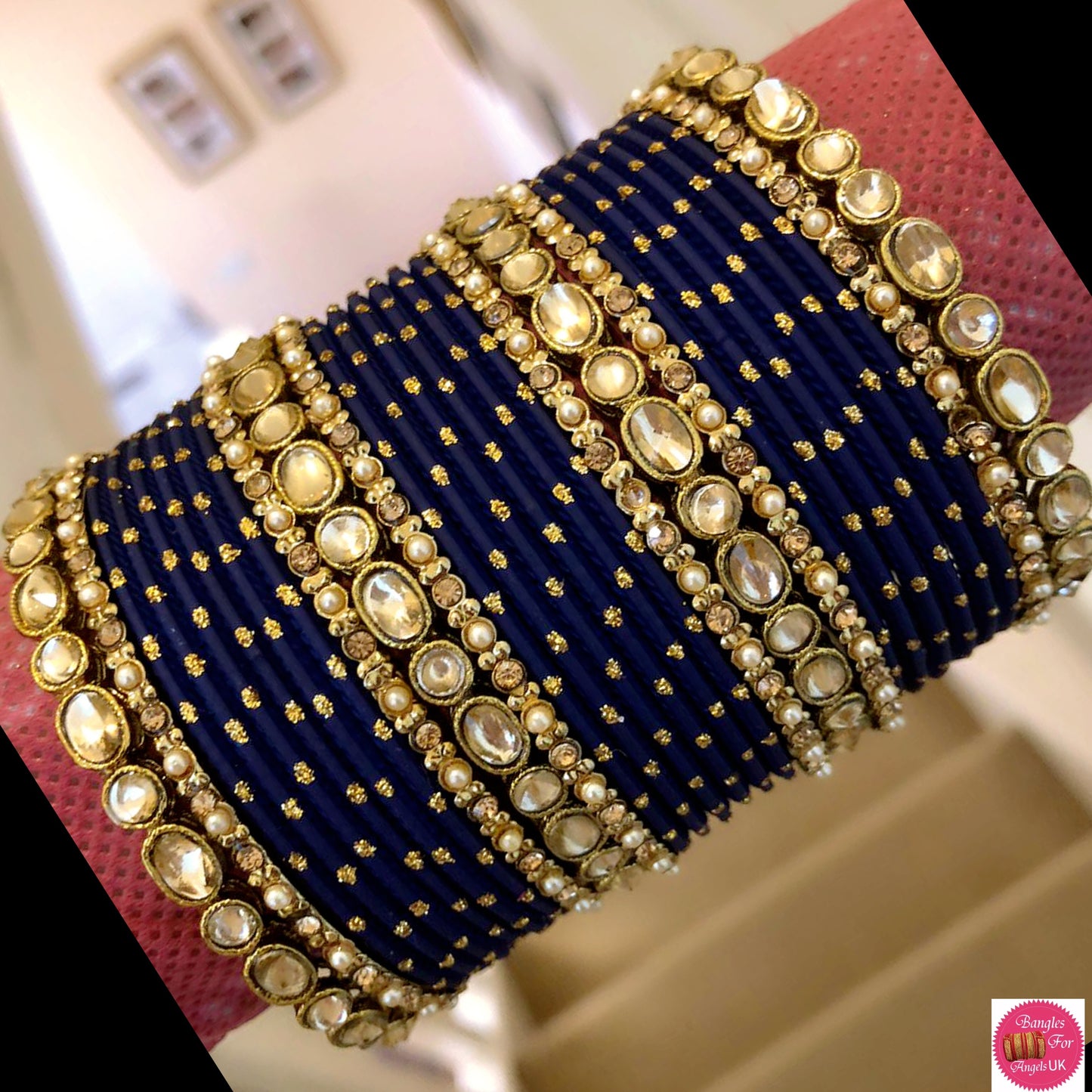 Kundan Metal Bangle Set - Navy Blue