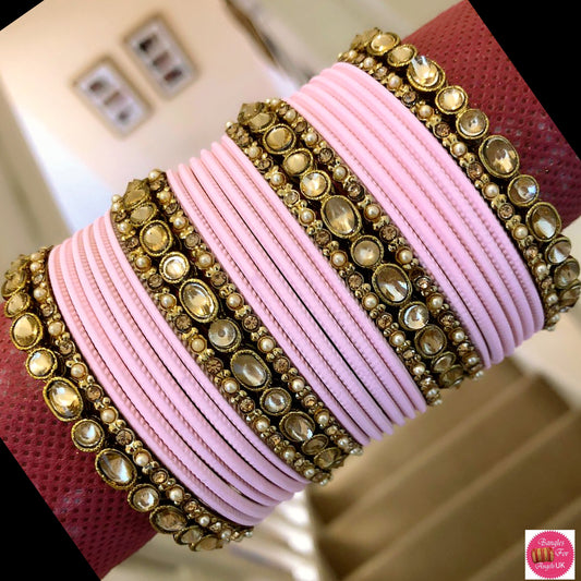 Kundan Metal Bangle Set - Pink