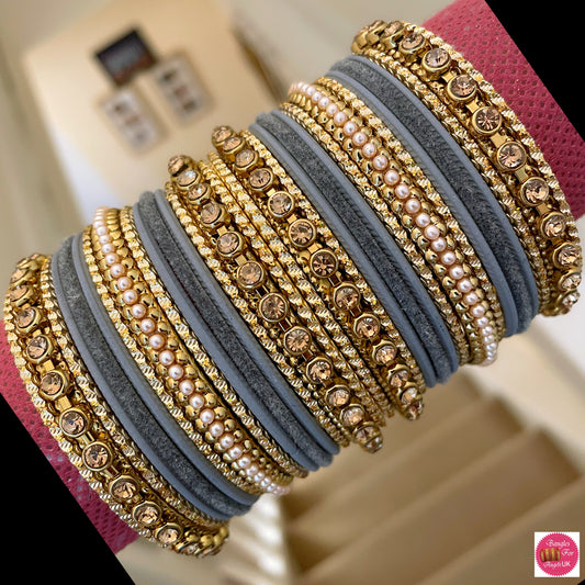 Gold/Pearl Velvet/Metal Bangle Set - Grey