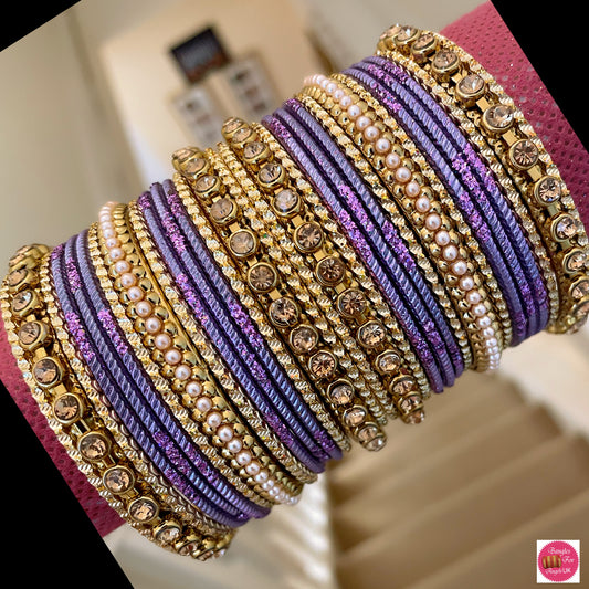 Pearl/Gold Metal Bangle Set - Purple