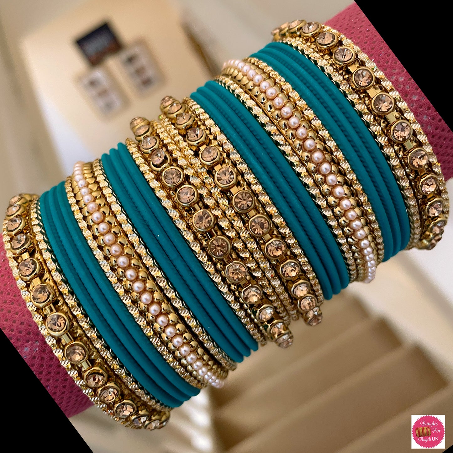 Gold/Pearl Metal Bangles -Teal Blue