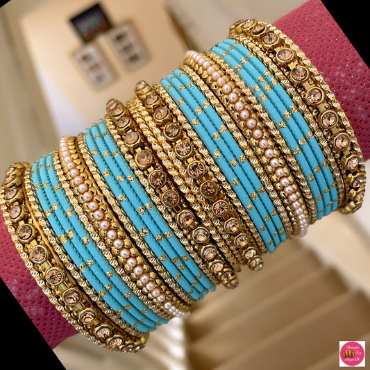 Gold/Pearl Metal Bangle Set - Moonstone Blue