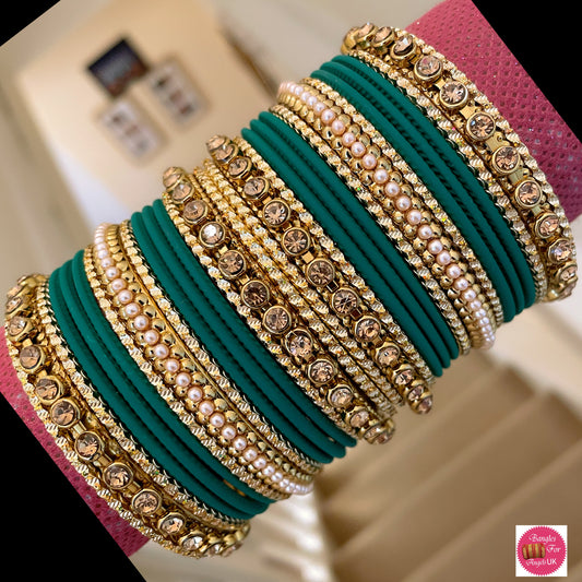 Pearl Metal Bangle Set - Bottle Green