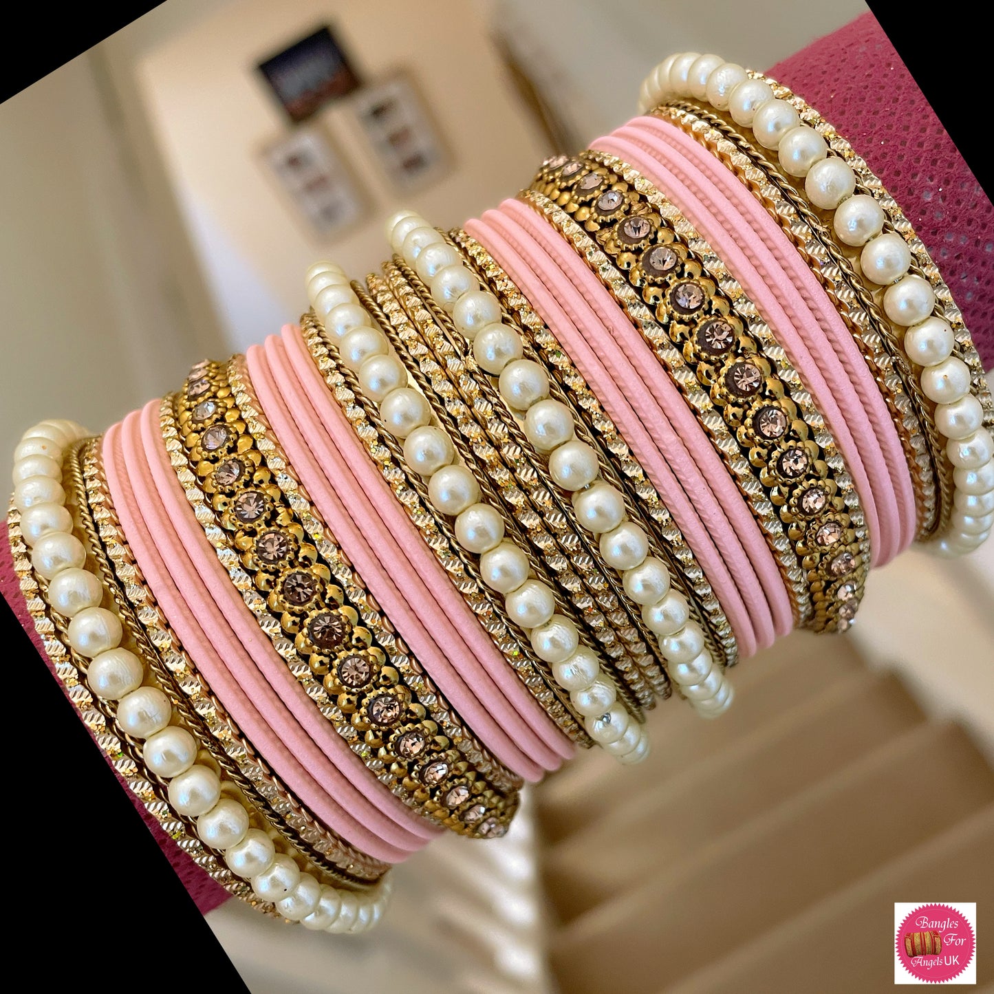 Pearl Metal Bangle Set - Baby Pink