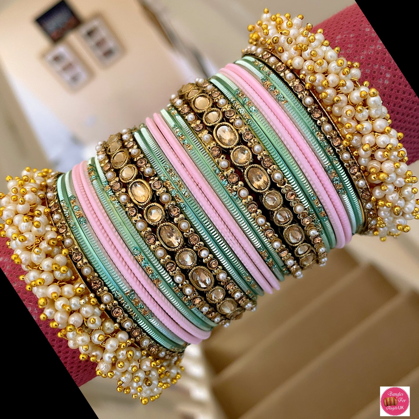 Pearl/Kundan/Stone Bangle Set - Pink/Mint Green