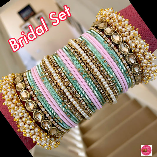 Kundan/Pearl Bangle Set - Pink/Mint Green