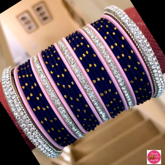 Silver Metal Bangle Set - Navy Blue/Pink