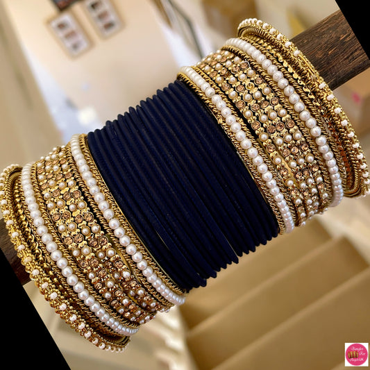 Pearl Metal Bangle Set - Navy Blue