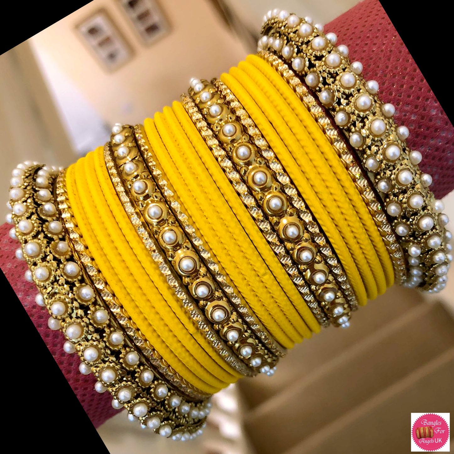 Pearl Metal Bangle Set - Yellow