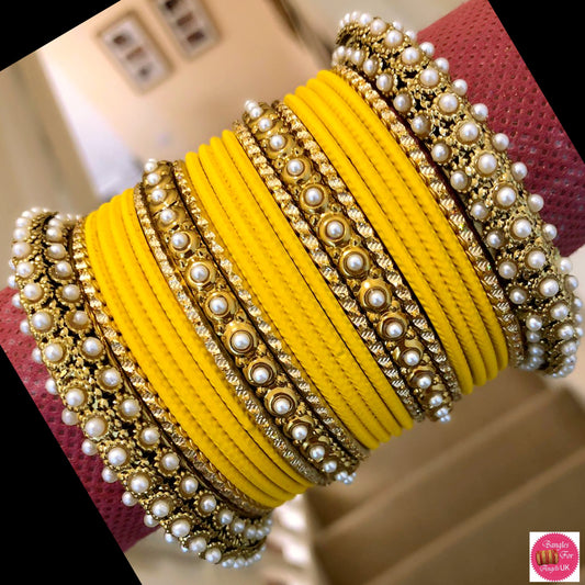 Pearl Metal Bangle Set - Yellow