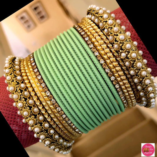 Pearl Metal Bangle Set - Mint Green